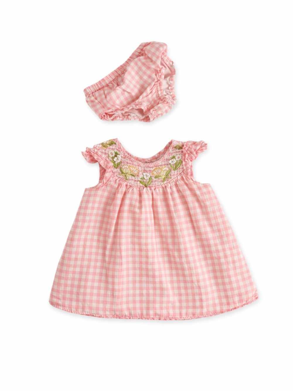 Tahari Pink Gingham Dress & Bloomers Set with Floral Embroidery